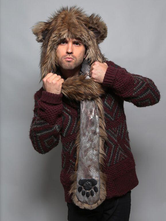 Man wearing faux fur Brown Disco Bear HB3 Collectors Edition SpiritHood