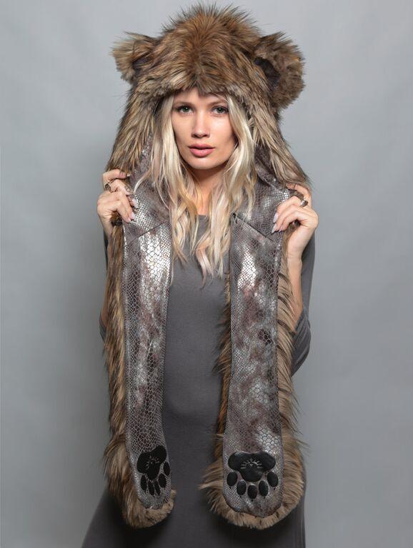 Woman wearing Brown Disco Bear HB3 Collectors Edition Faux Fur SpiritHood