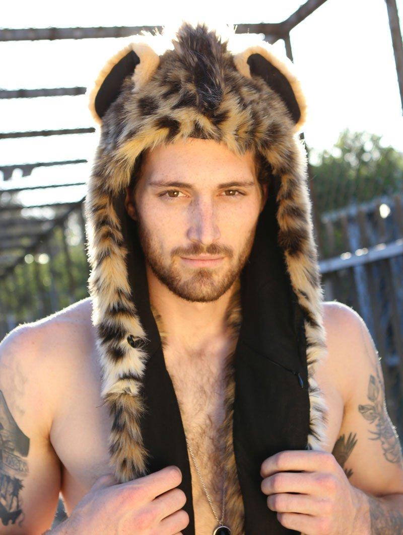 Man wearing faux fur Hyena SpiritHood, front view