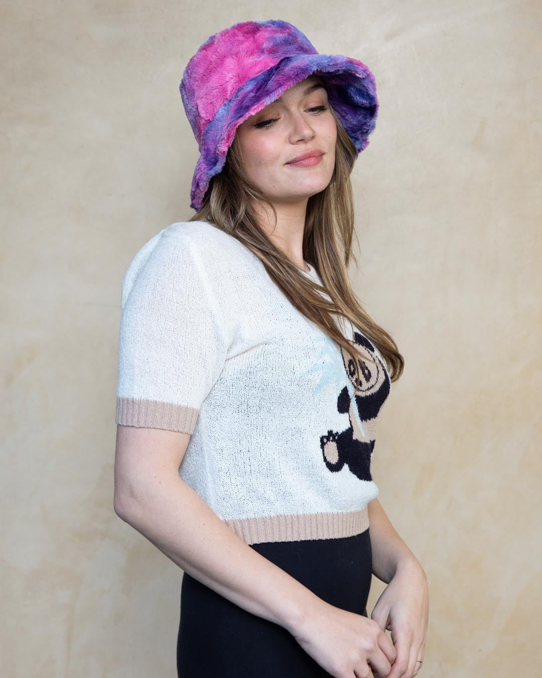 Pink and Purple Cotton Candy Faux Fur Bucket Hat on Female Model