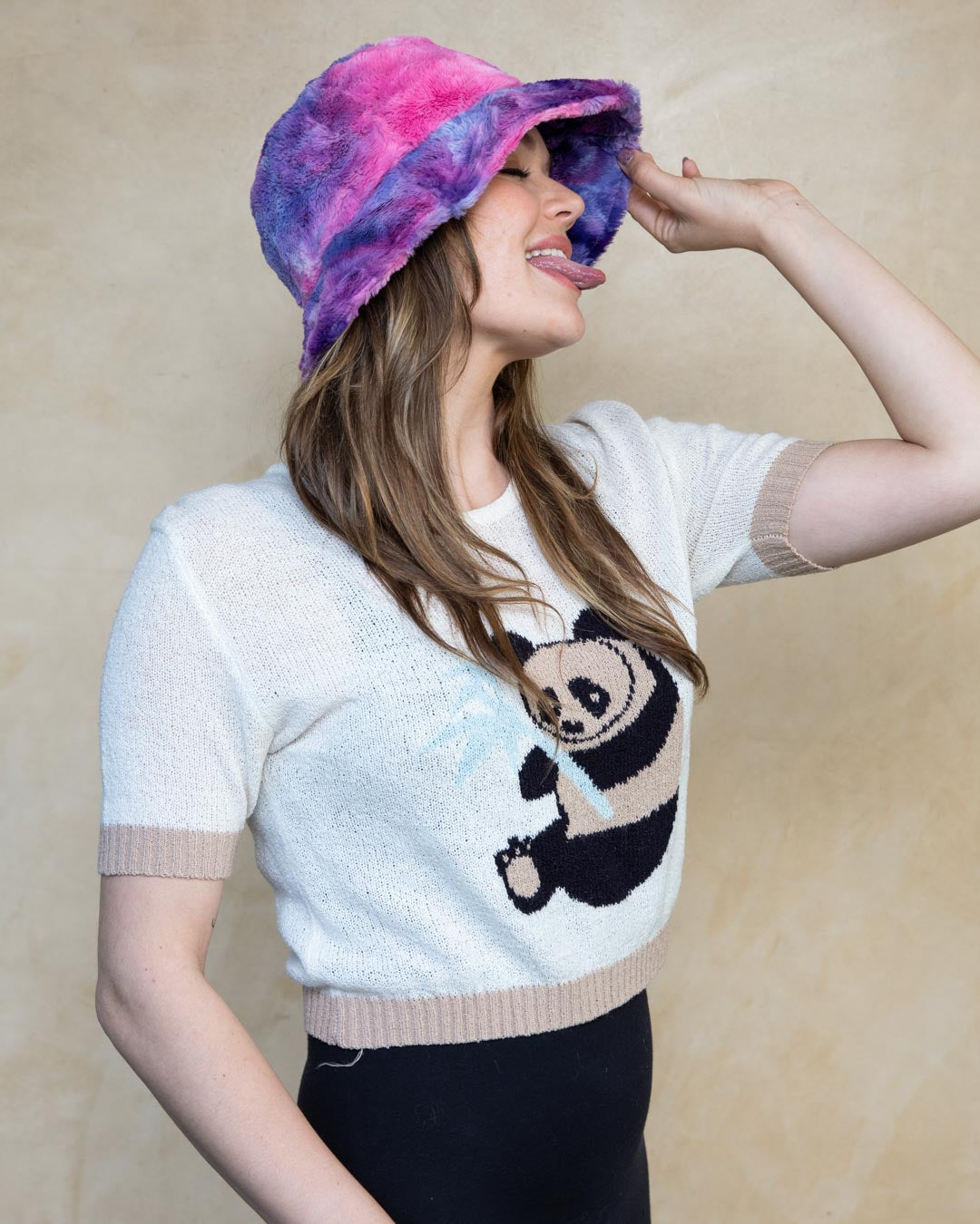 Woman Wearing Faux Fur Bucket Hat in Cotton Candy Design