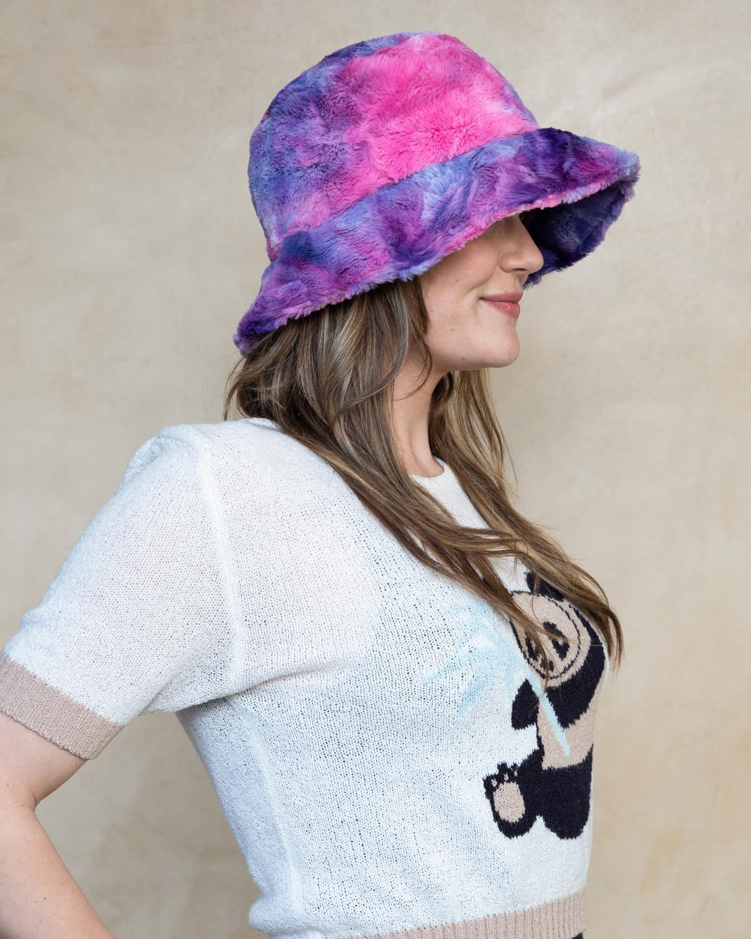 Side View of Cotton Candy Faux Fur Bucket Hat on Woman