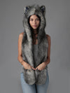 Woman wearing faux fur Eurasian Wolf Collector Edition SpiritHood, front view 1