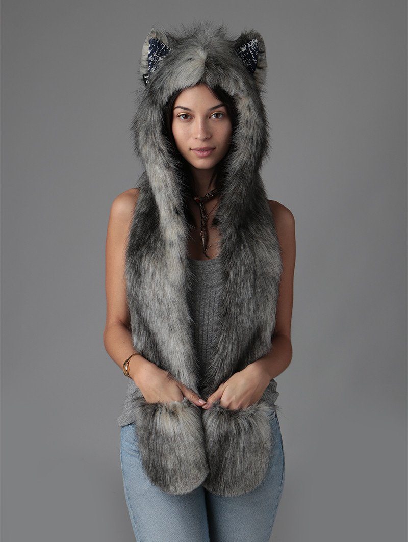 Woman wearing faux fur Eurasian Wolf Collector Edition SpiritHood, front view 1