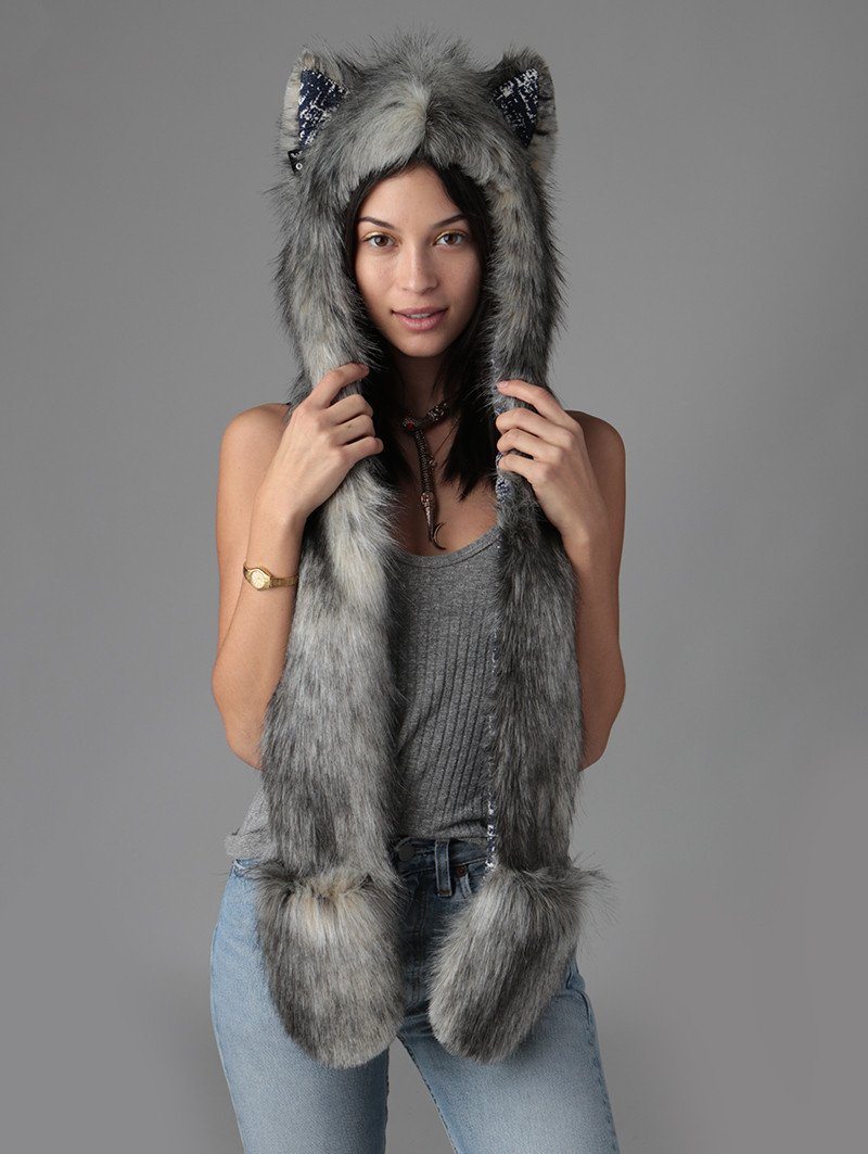Woman wearing faux fur Eurasian Wolf Collector Edition SpiritHood, front view