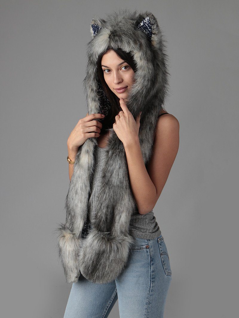 Woman wearing faux fur Eurasian Wolf Collector Edition SpiritHood, side view 2