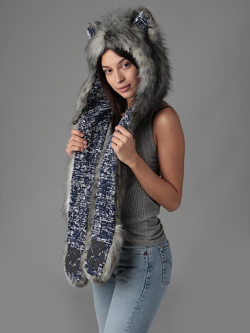 Woman wearing faux fur Eurasian Wolf Collector Edition SpiritHood, side view