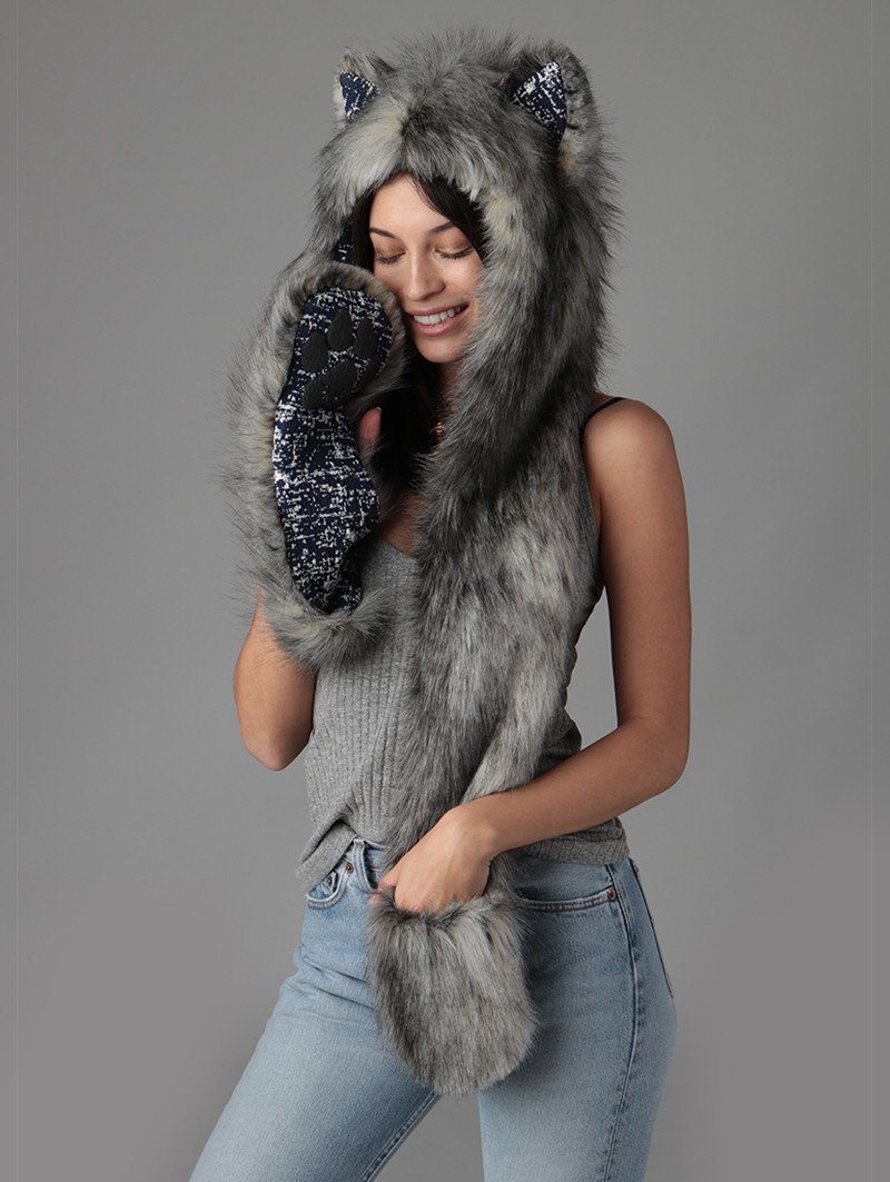 Woman wearing faux fur Eurasian Wolf Collector Edition SpiritHood, side view 1
