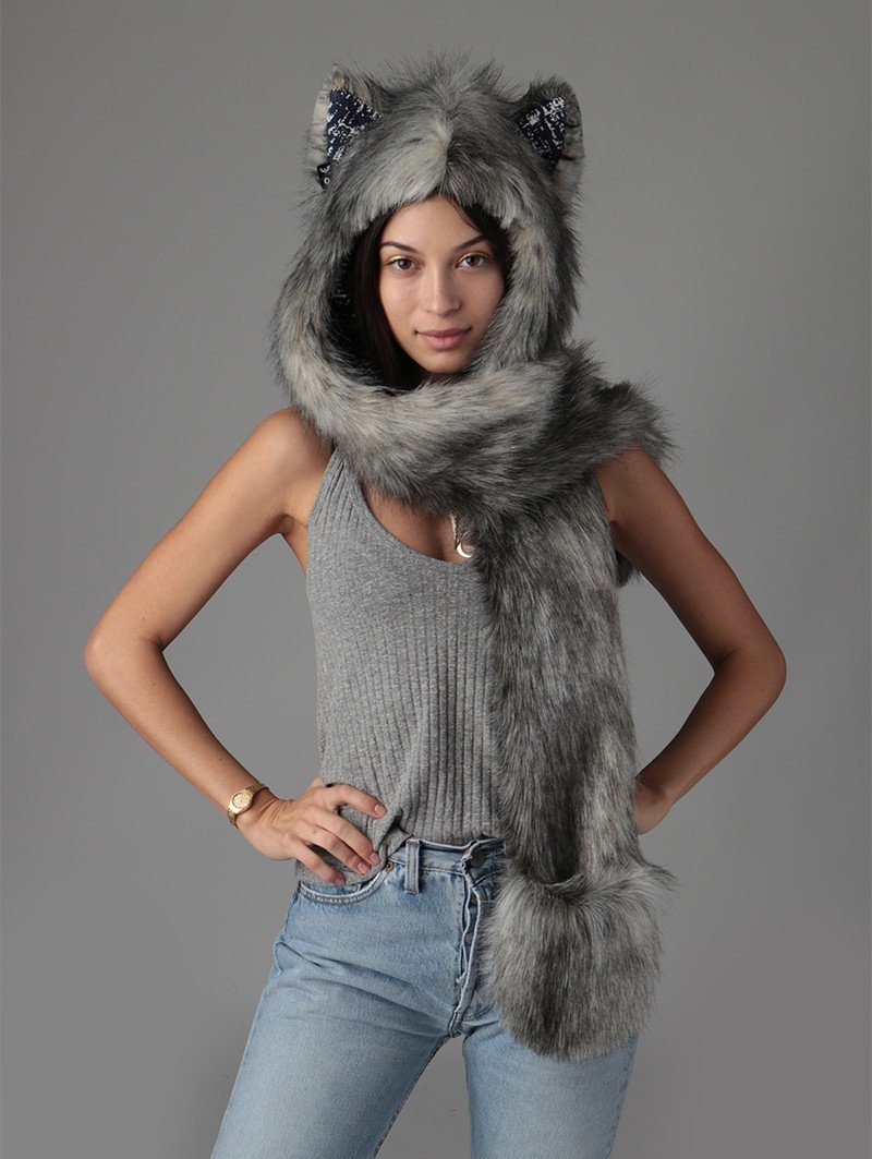 Woman wearing faux fur Eurasian Wolf Collector Edition SpiritHood