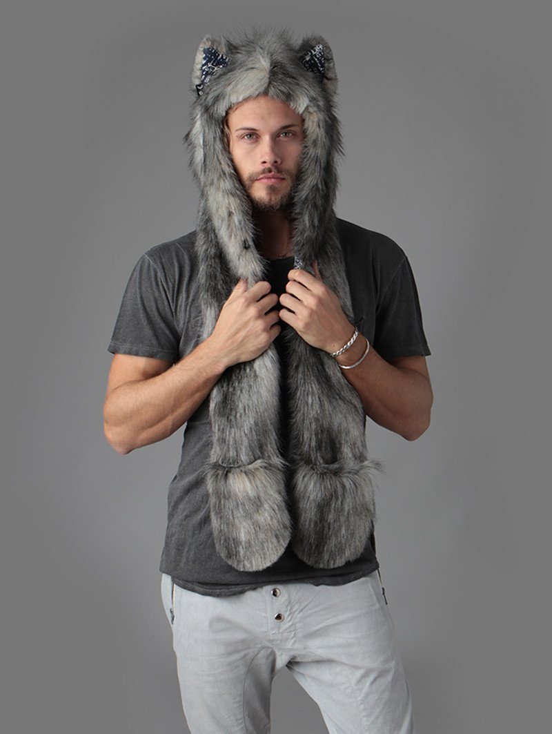 Man wearing Eurasian Wolf Collector Edition Faux Fur SpiritHood, front view 3
