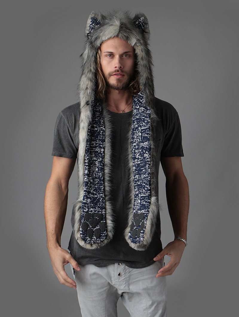 Man wearing Eurasian Wolf Collector Edition Faux Fur SpiritHood, front view 2