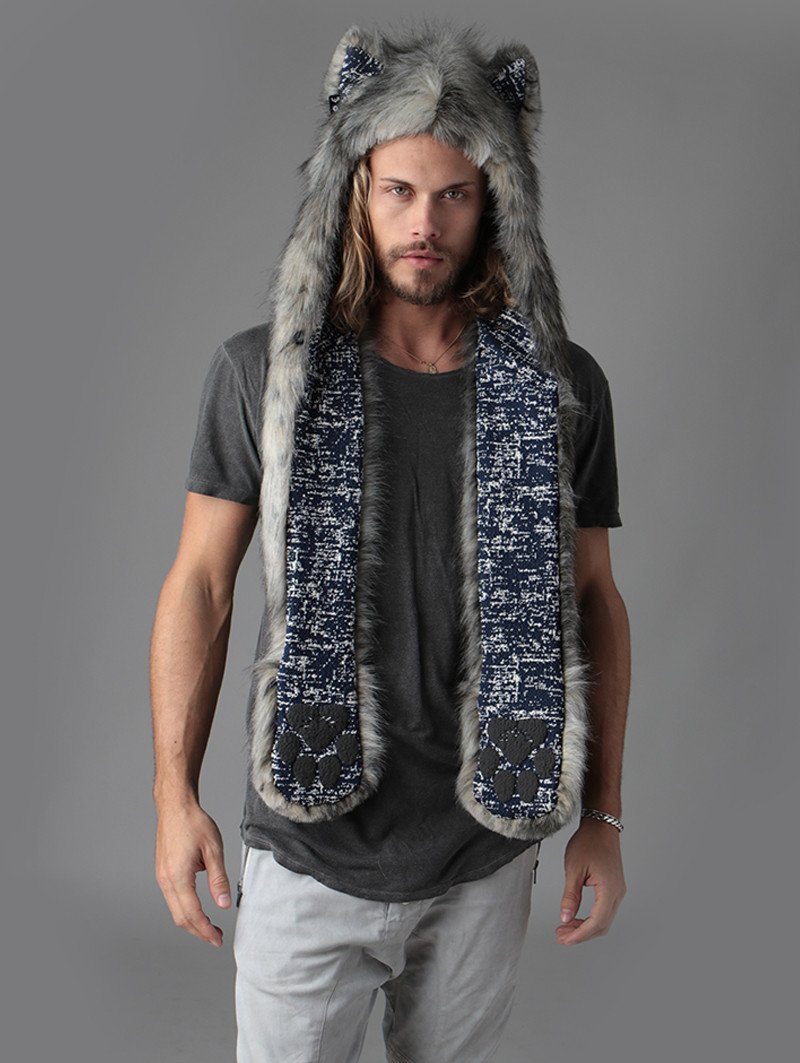 Man wearing Eurasian Wolf Collector Edition Faux Fur SpiritHood, front view 4