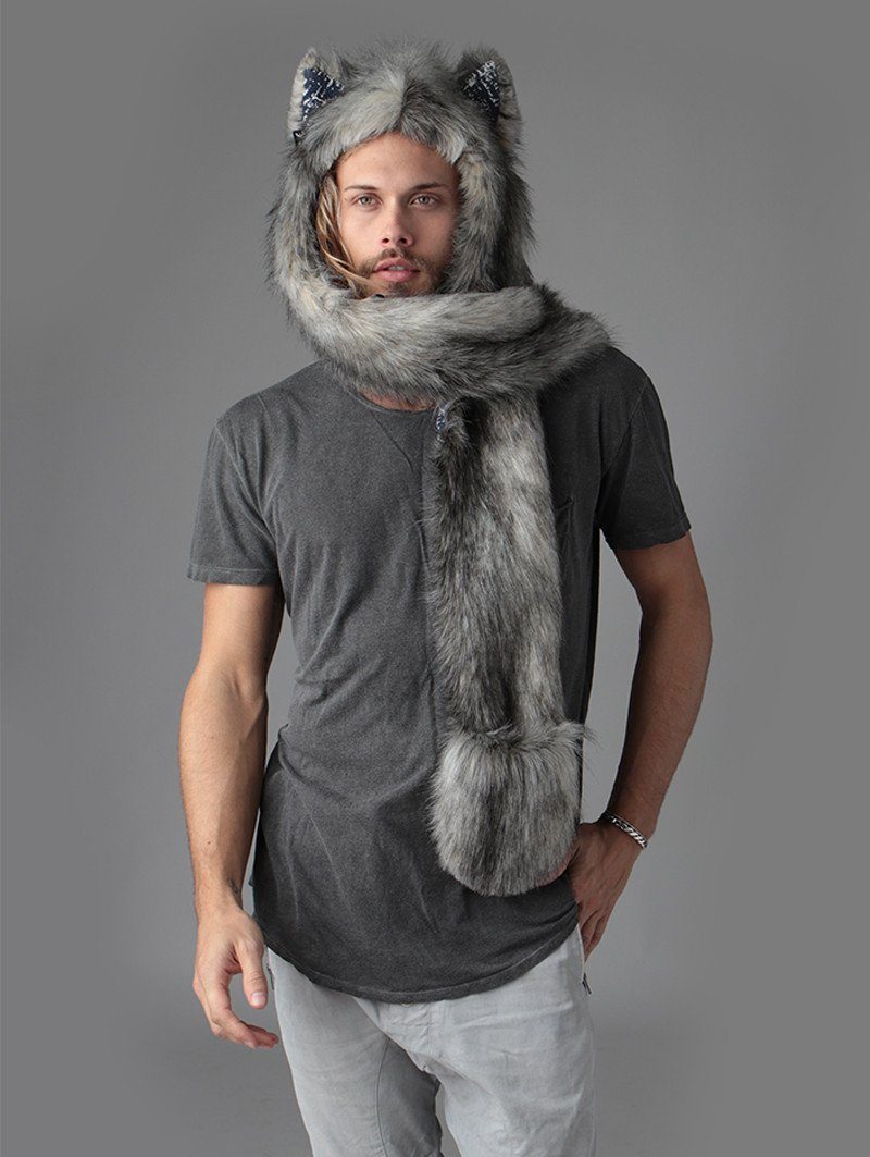 Man wearing Eurasian Wolf Collector Edition Faux Fur SpiritHood, front view 5
