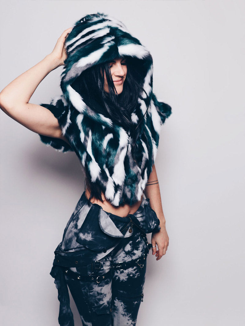 Woman wearing Faux Fur Limited Edition Lapwing Shawl 2.0 SpiritHood