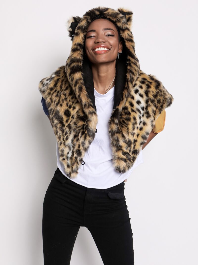 Woman wearing Cheetah Faux Fur SpiritHoods Shawl, front view 3
