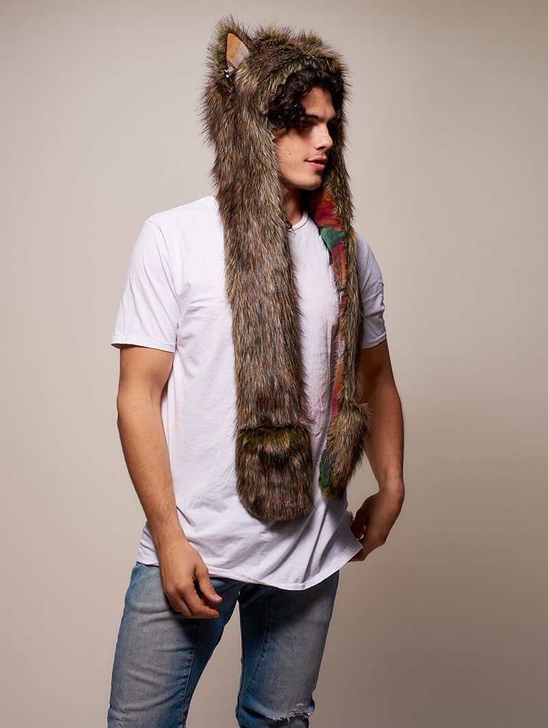 Man wearing faux fur Collector Edition Forest Fox Italy SpiritHood, side view 1