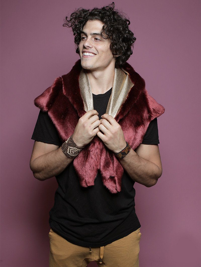 Man wearing faux fur Limited Edition Fire Wolf Shawl SpiritHood