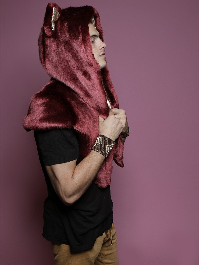 Man wearing faux fur Limited Edition Fire Wolf Shawl SpiritHood, side view