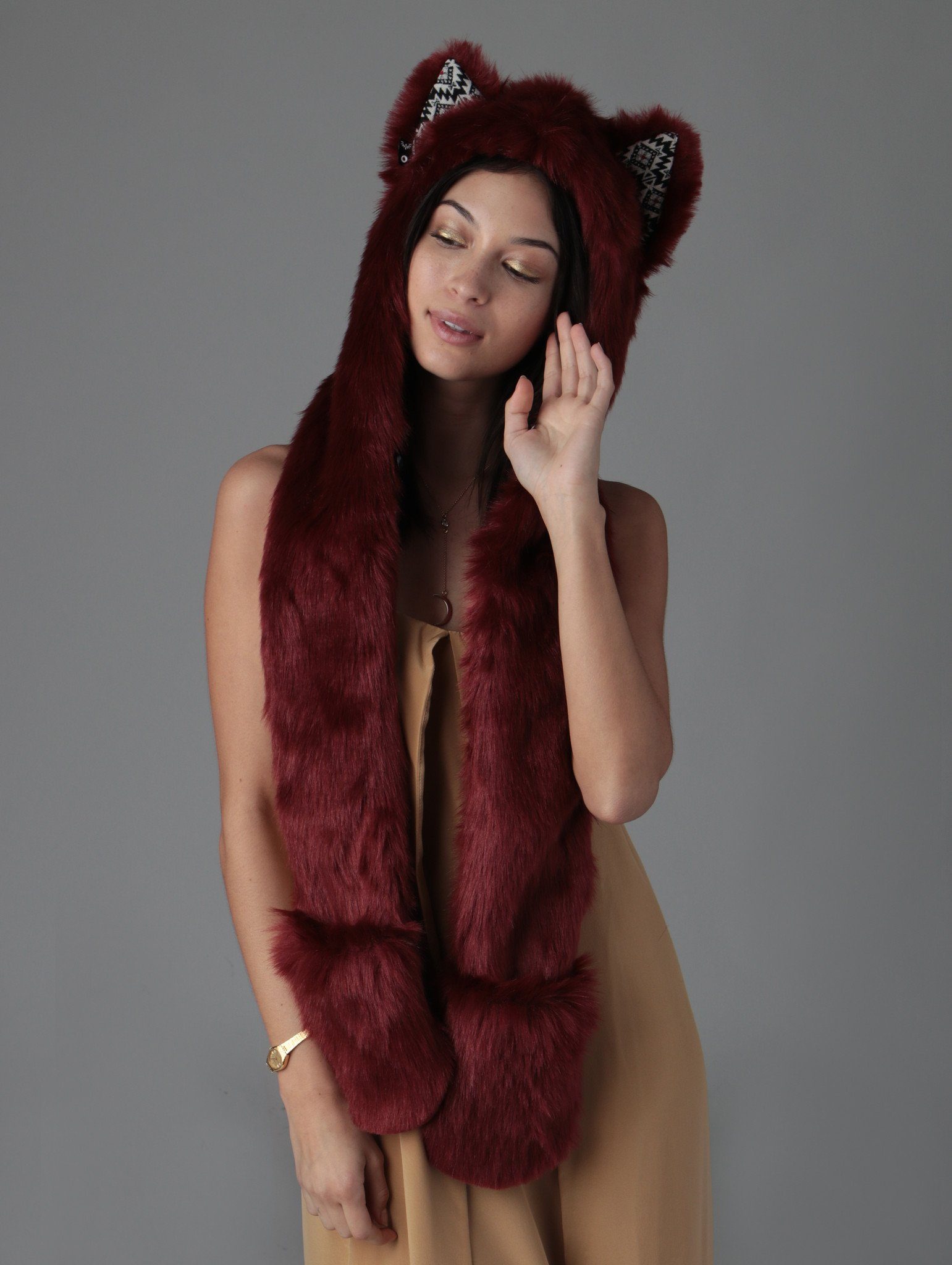 Woman wearing faux fur Fire Wolf CE SpiritHood, front view 2