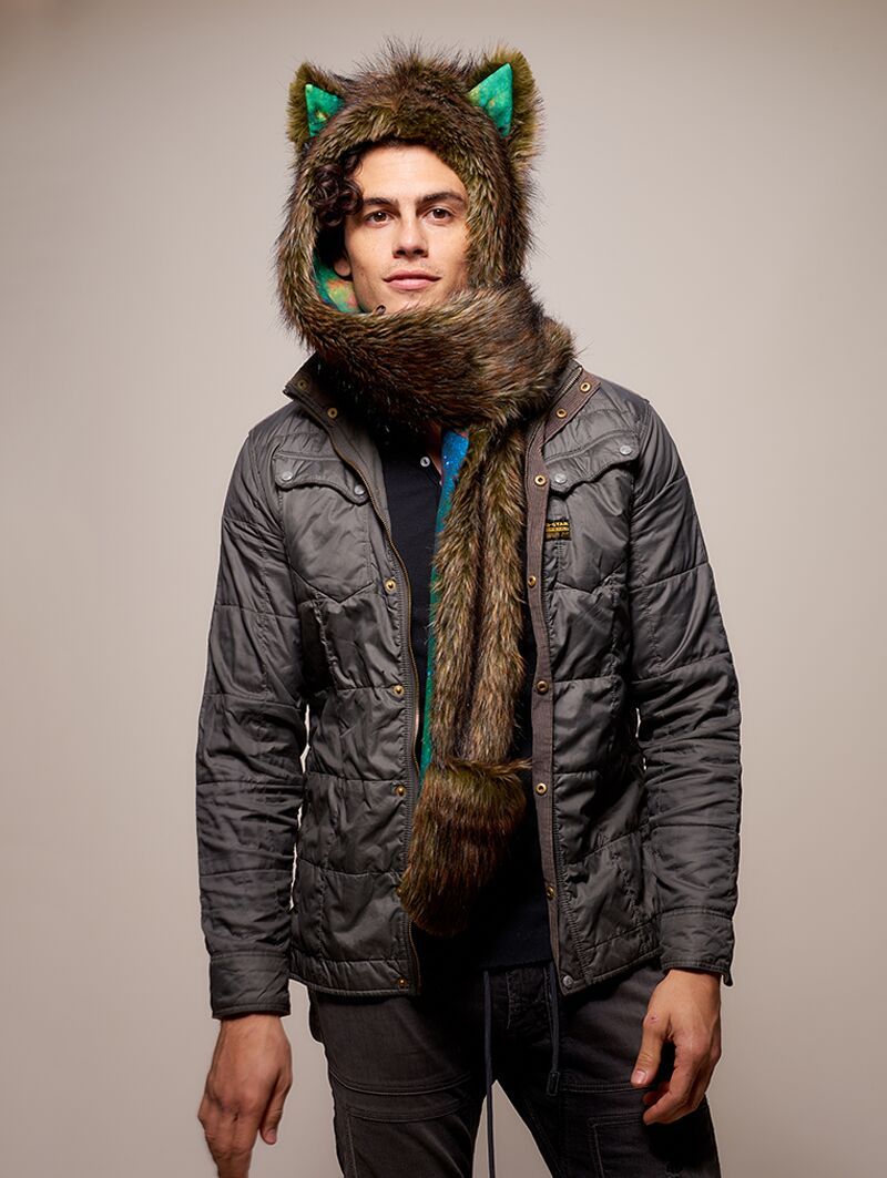 Man wearing Galaxy Forest Fox CE Faux Fur SpiritHood, front view 3