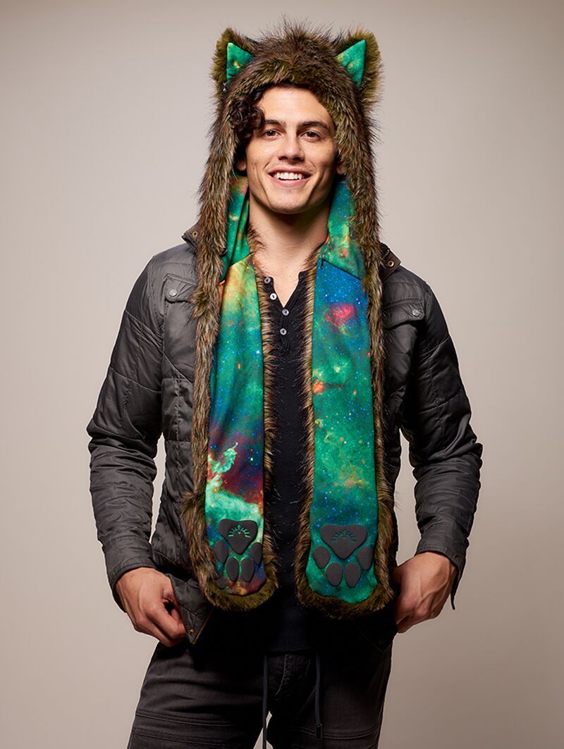 Man wearing Galaxy Forest Fox CE Faux Fur SpiritHood, front view 2