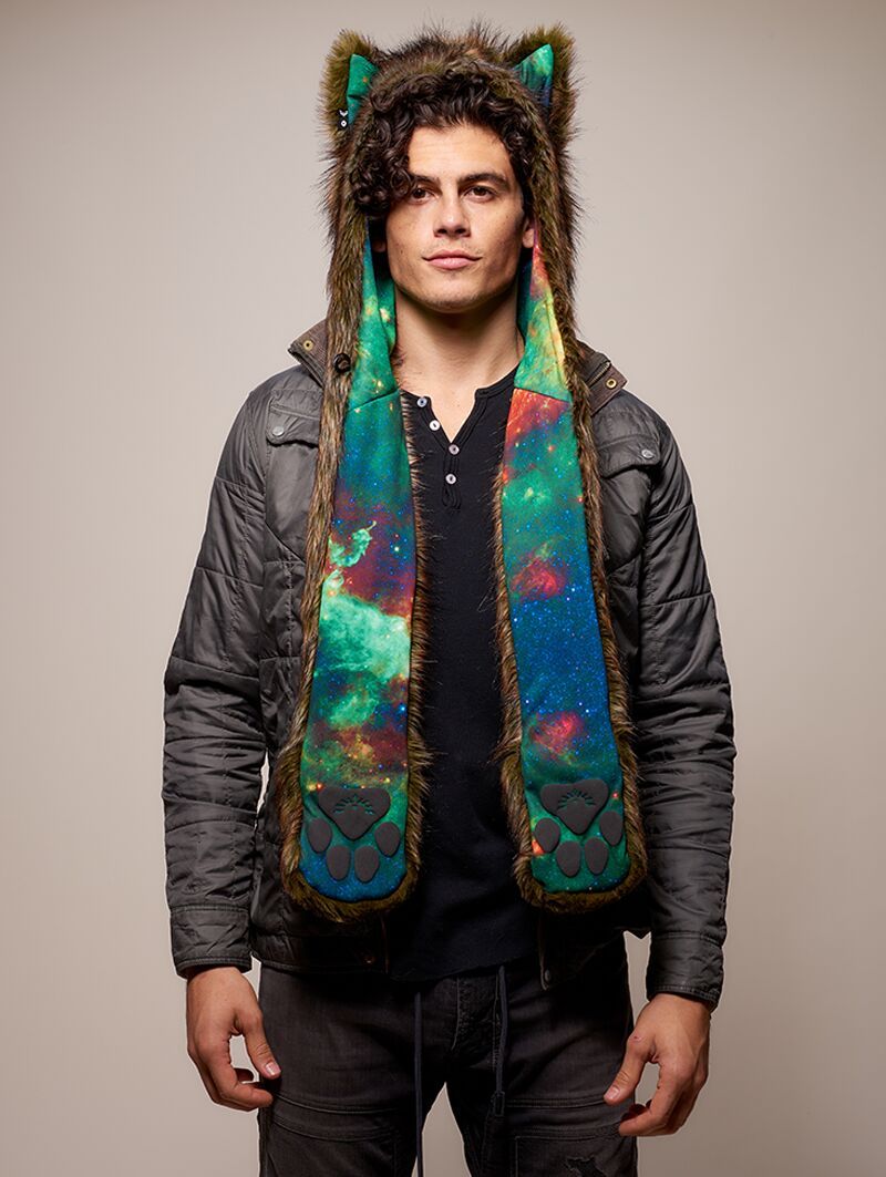 Man wearing Galaxy Forest Fox CE Faux Fur SpiritHood, front view 1