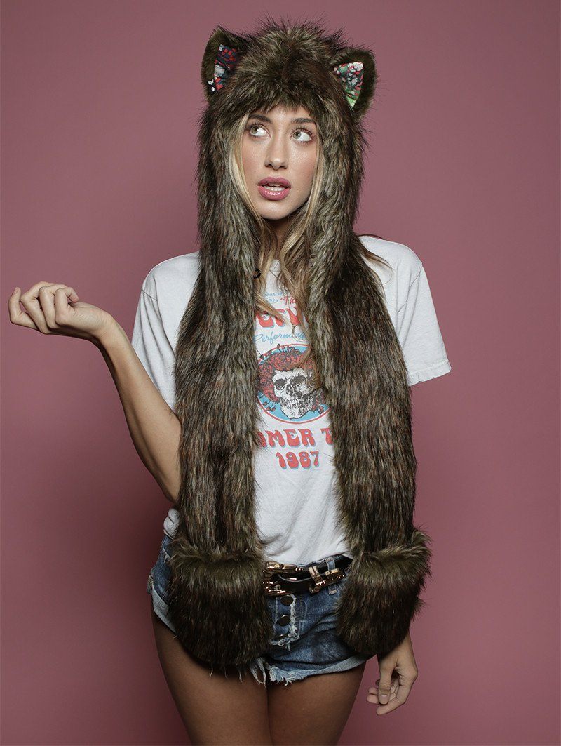 Woman wearing faux fur Limited Edition Forest Fox SpiritHood, front view 1