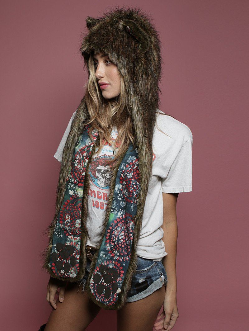 Woman wearing faux fur Limited Edition Forest Fox SpiritHood, side view