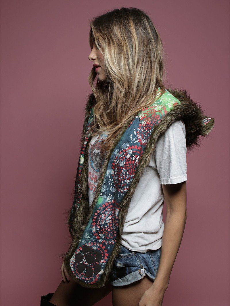 Woman wearing faux fur Limited Edition Forest Fox SpiritHood, side view 1