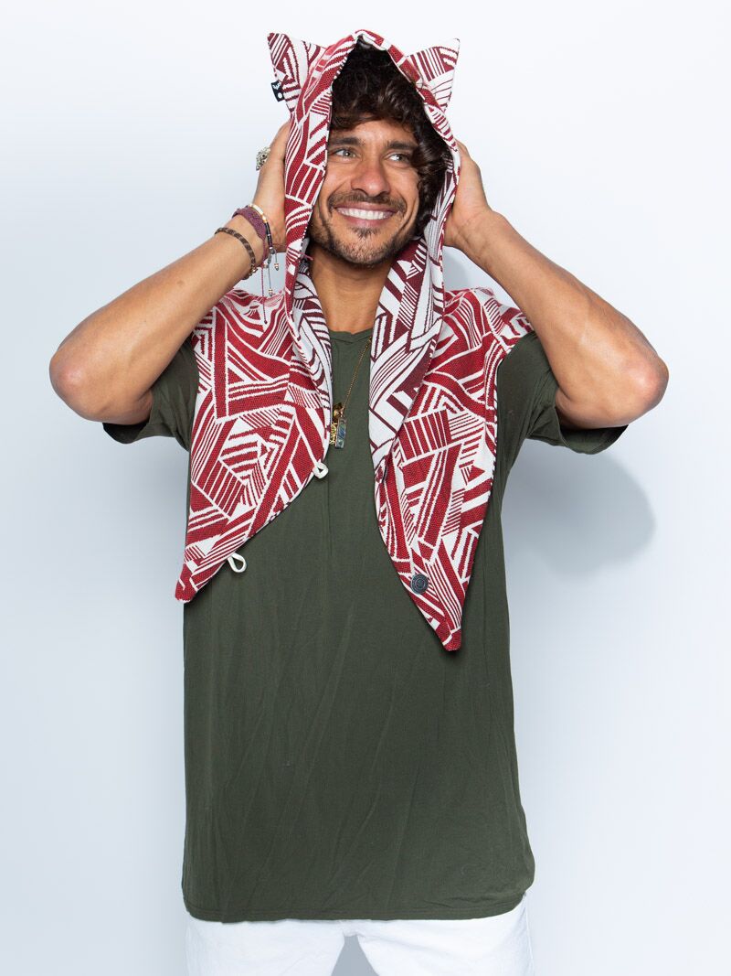 Man wearing LE Wild Wolf Fabric Shawl SpiritHood, front view 1