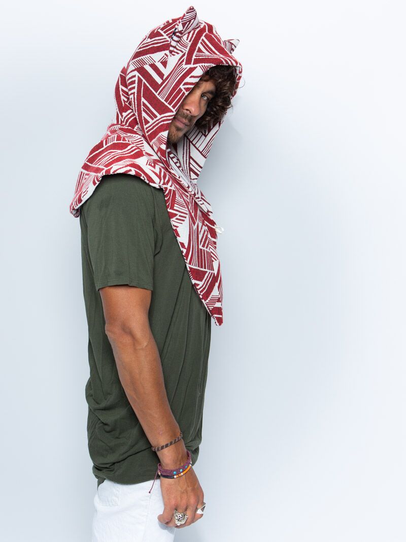 Man wearing LE Wild Wolf Fabric Shawl SpiritHood, side view 1