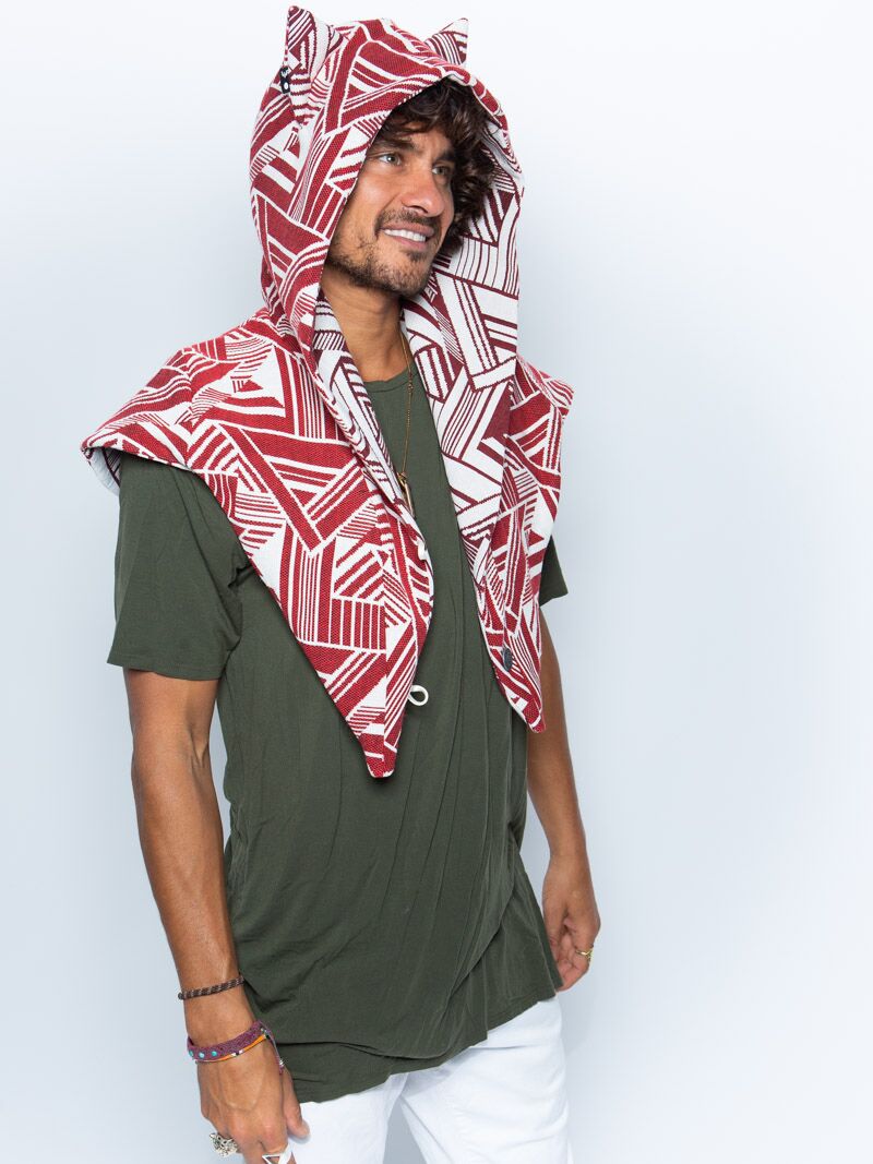 Man wearing LE Wild Wolf Fabric Shawl SpiritHood, side view