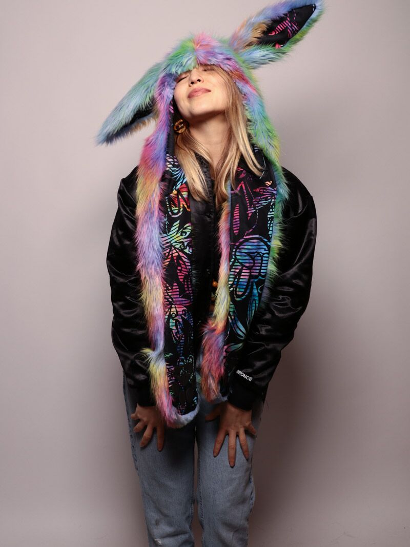 Woman wearing faux fur Fair Bunny CE SpiritHood, front view 1