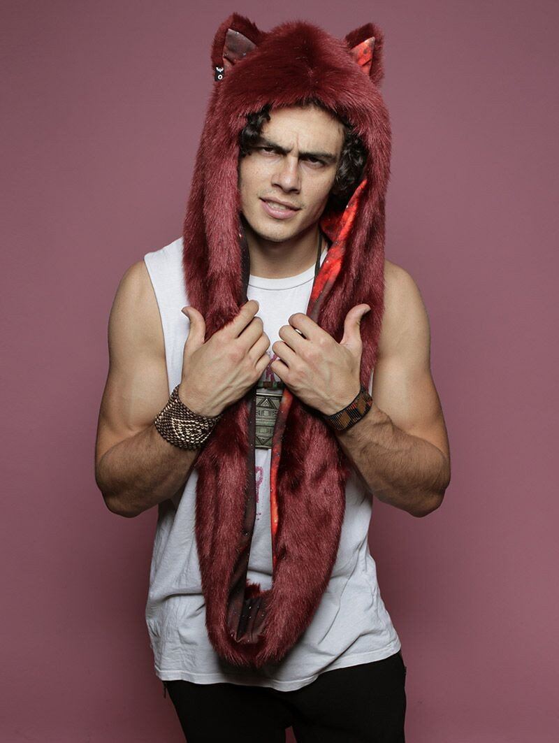 Man wearing faux fur Fire Galaxy Wolf Infinity SpiritHood