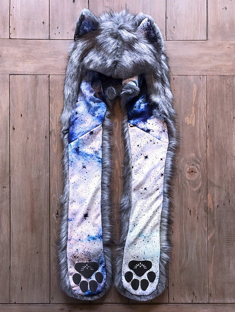 Hooded Faux Fur with Frosted Inverse Galaxy Fox Design