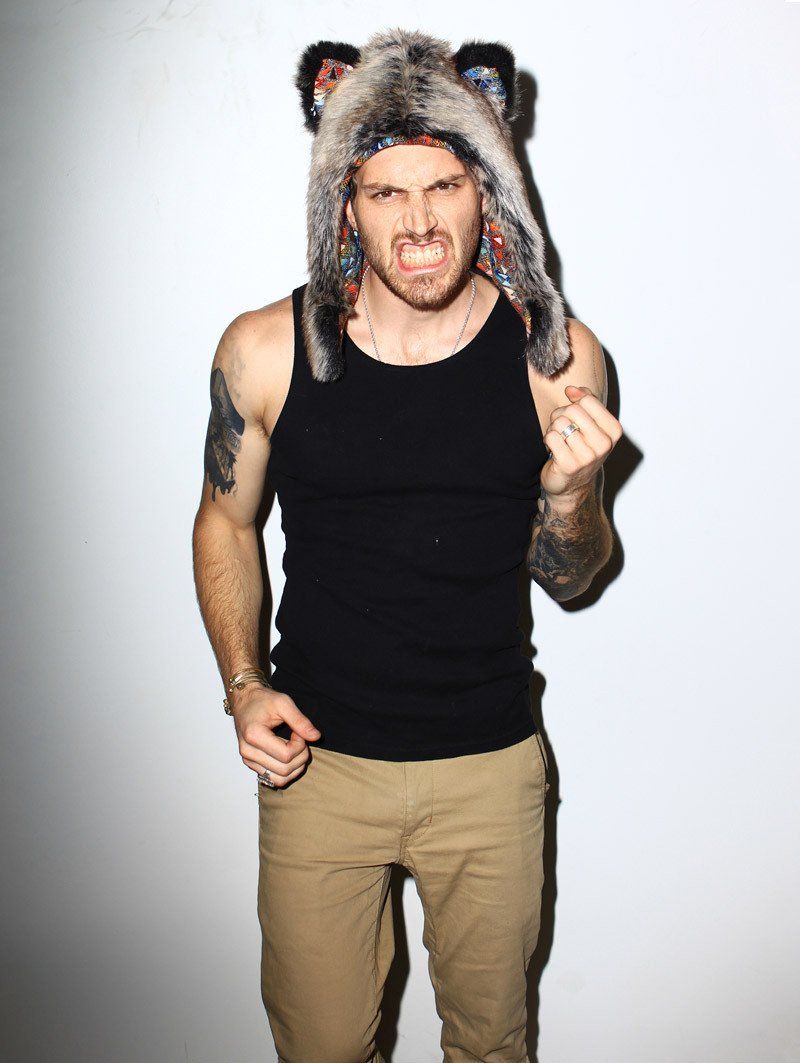 Man wearing faux fur Grey Wolf 1/2 Hood SpiritHood