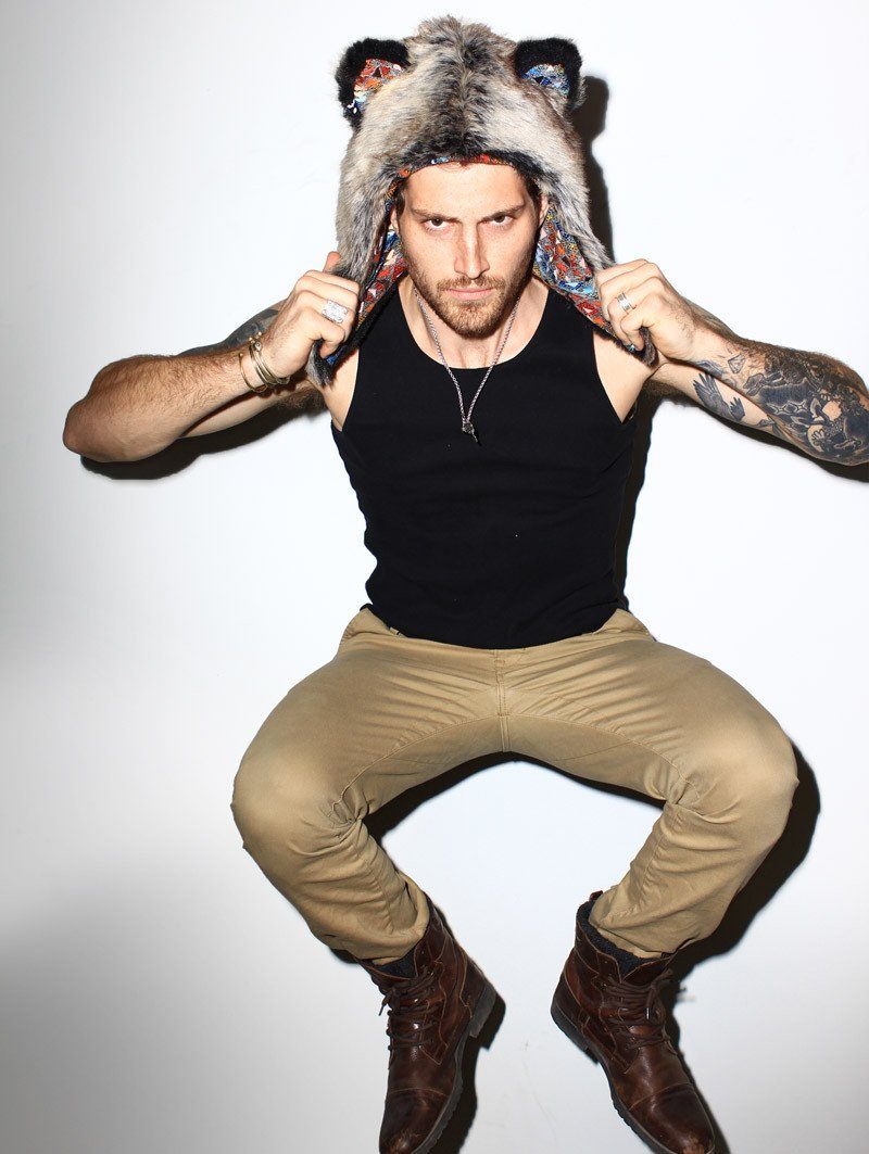Man wearing faux fur Grey Wolf 1/2 Hood SpiritHood
