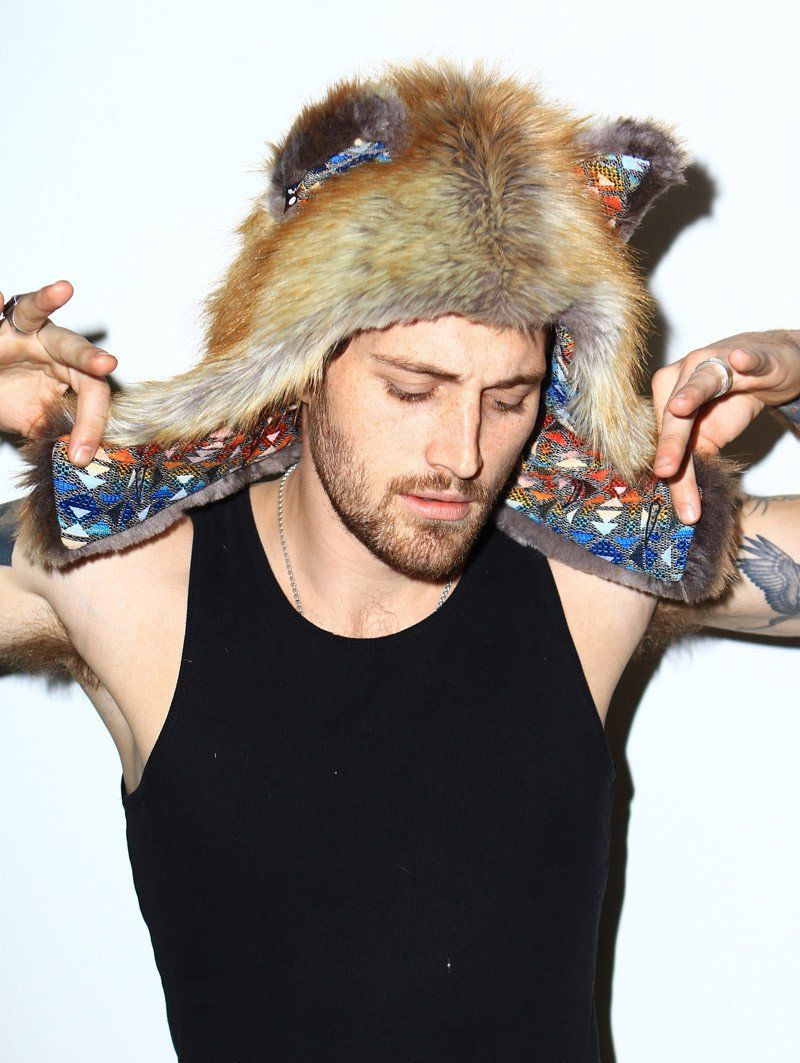 Man wearing faux fur Red Fox 1/2 Hood SpiritHood, side view