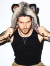 Man wearing faux fur Grey Wolf 1/2 Hood SpiritHood, front view 1