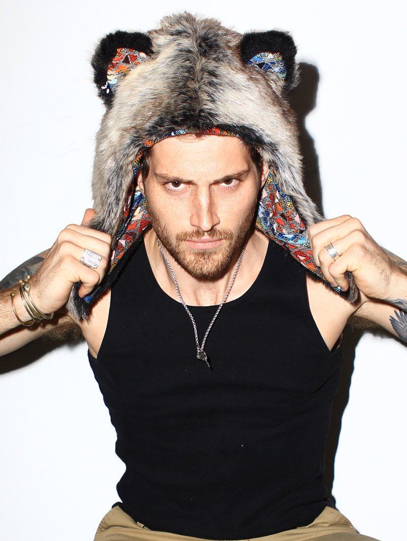 Man wearing faux fur Grey Wolf 1/2 Hood SpiritHood, front view 1