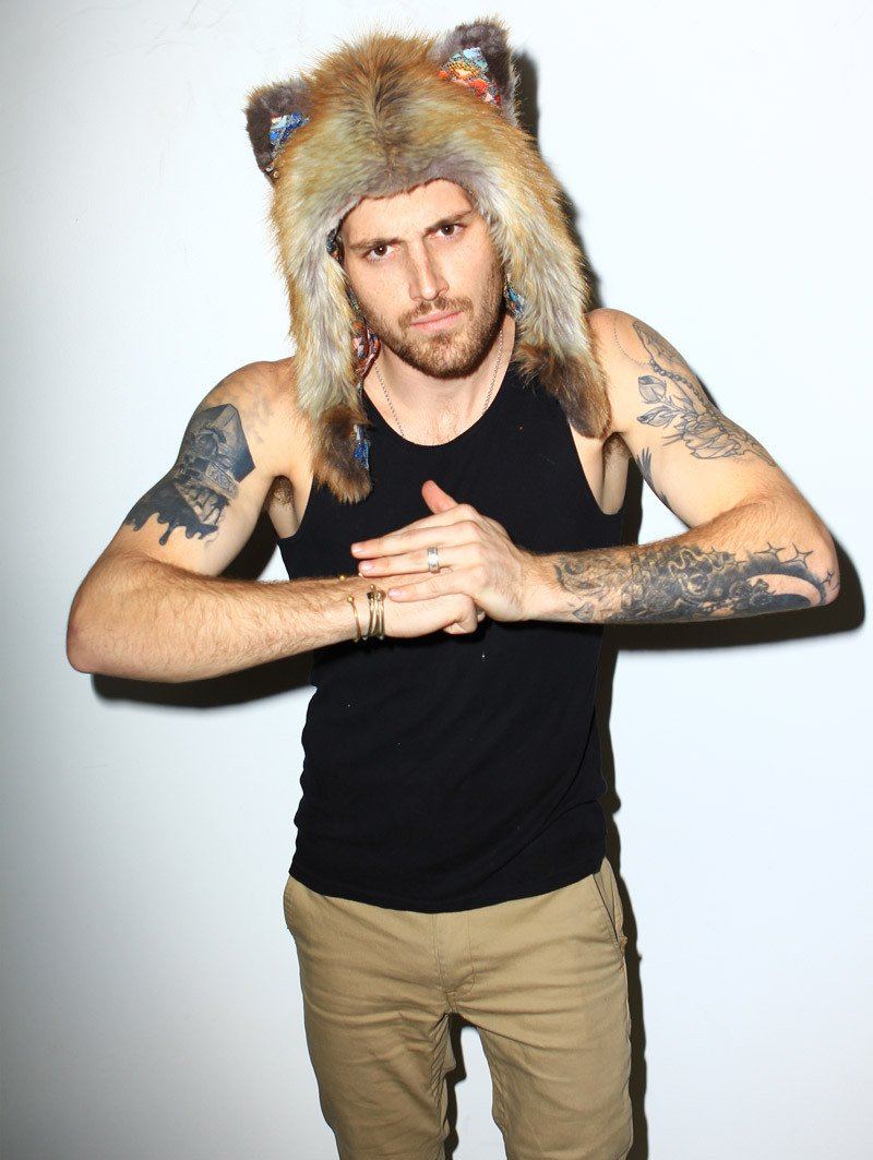 Man wearing faux fur Red Fox 1/2 Hood SpiritHood, front view 1