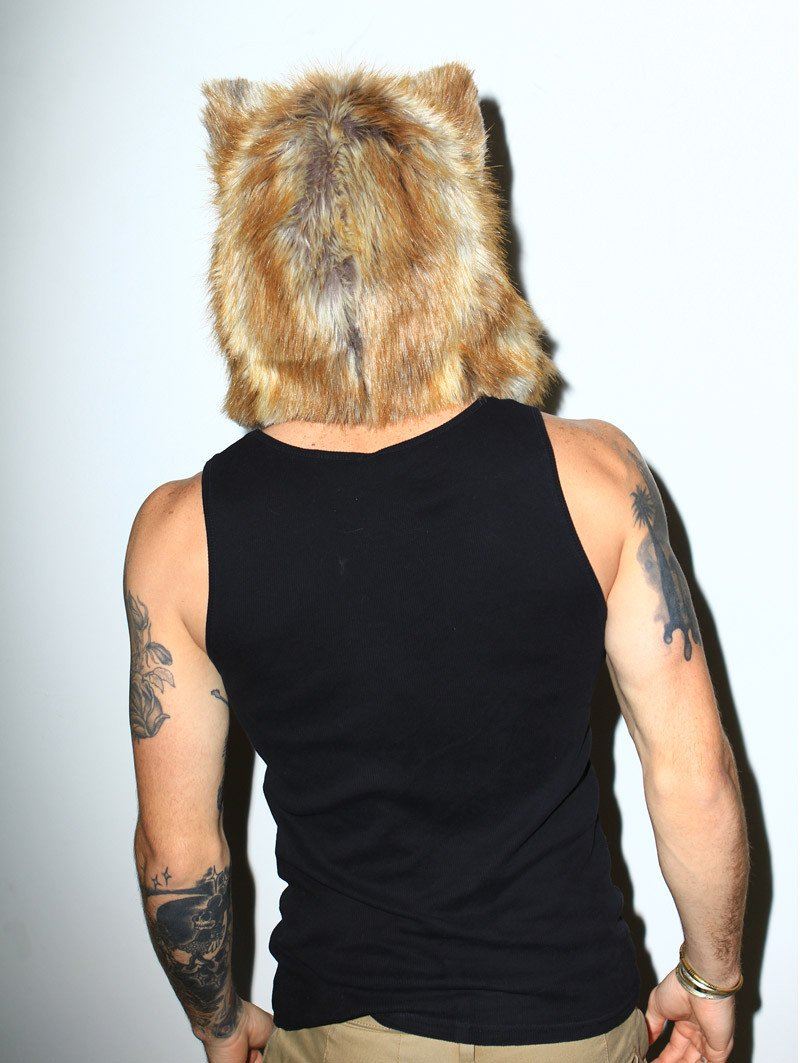 Man wearing faux fur Red Fox 1/2 Hood SpiritHood, back view