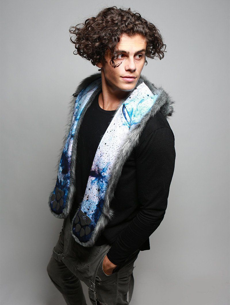 Man wearing faux fur Frosted Inverse Galaxy Fox Collector SpiritHood, side view