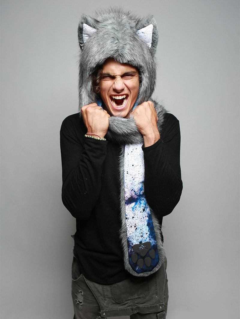 Man wearing faux fur Frosted Inverse Galaxy Fox Collector SpiritHood, front view 3