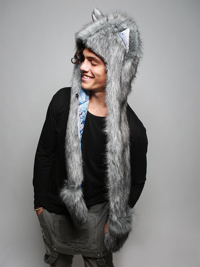 Man wearing faux fur Frosted Inverse Galaxy Fox Collector SpiritHood, side view 1