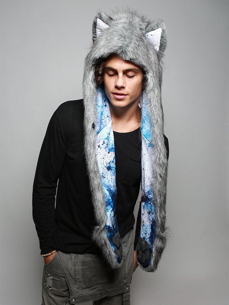 Man wearing faux fur Frosted Inverse Galaxy Fox Collector SpiritHood, front view 4