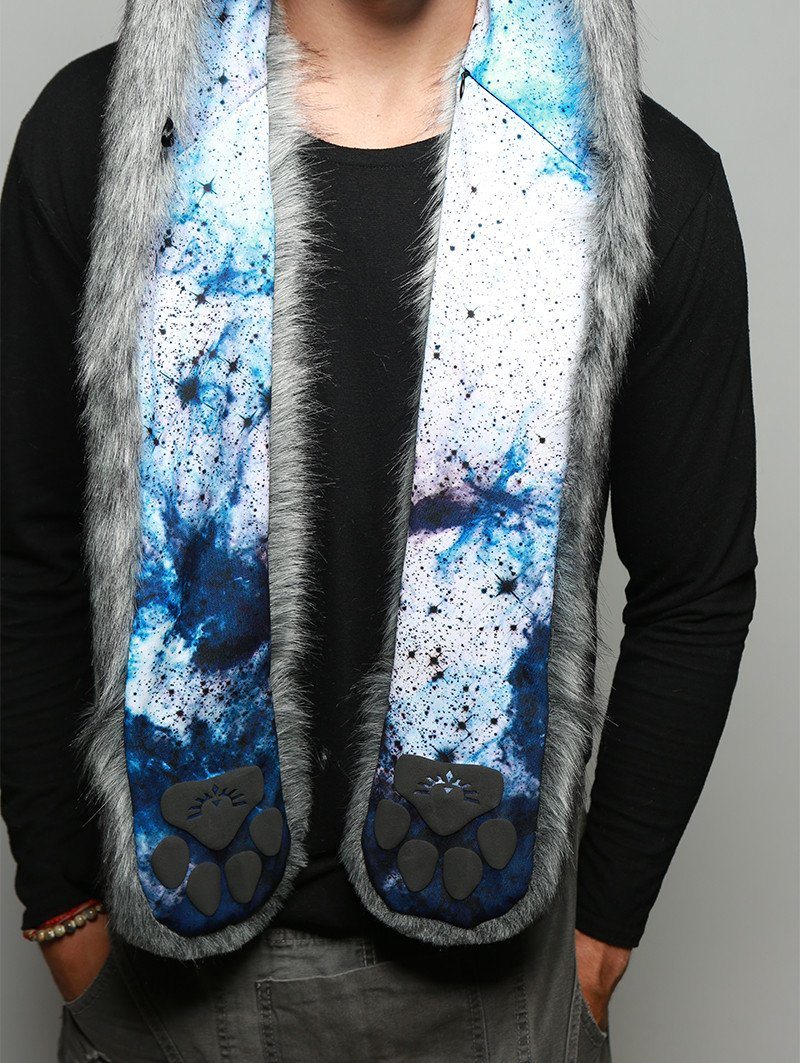 Man wearing faux fur Frosted Inverse Galaxy Fox Collector SpiritHood, front view 1