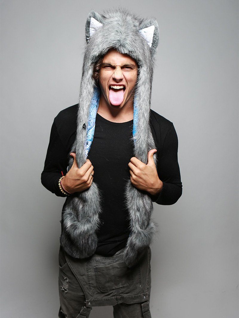 Man wearing faux fur Frosted Inverse Galaxy Fox Collector SpiritHood, front view
