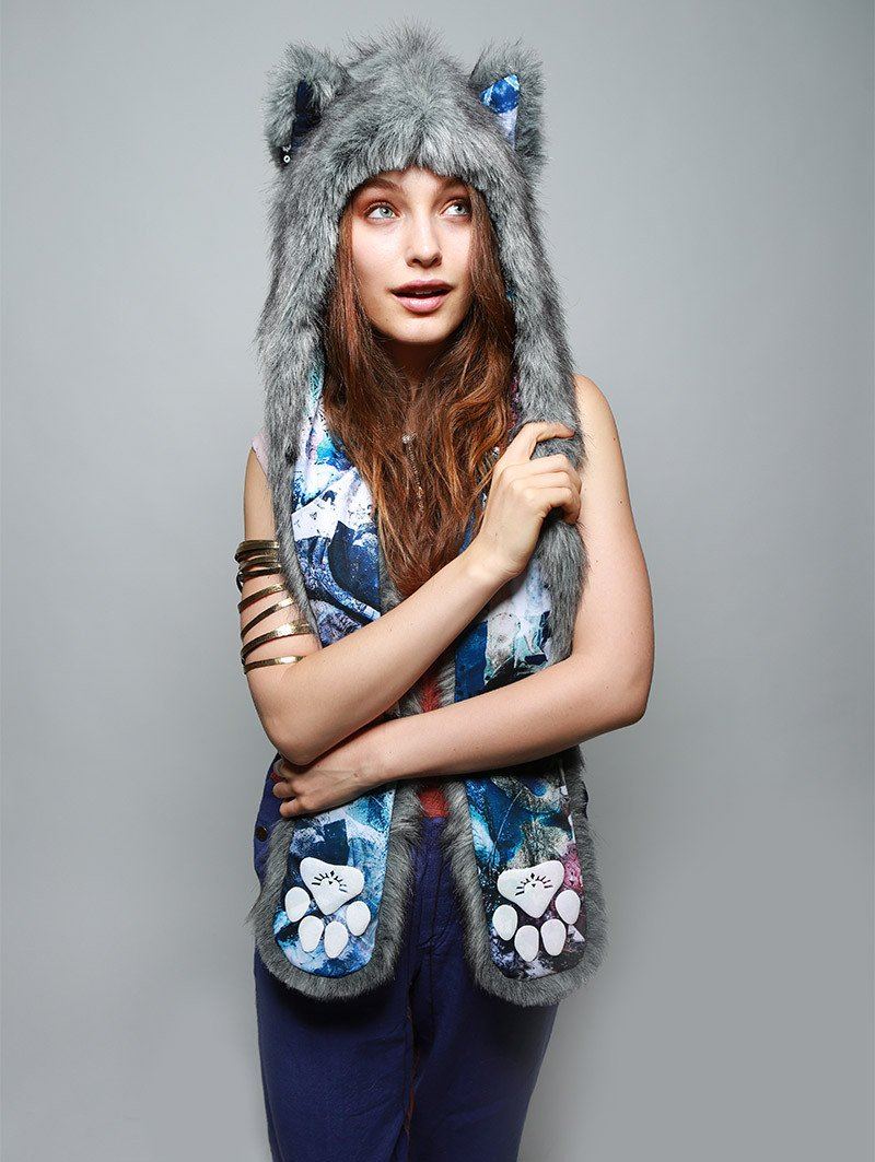 Grey Frosted Wolf Collector SpiritHood on Female