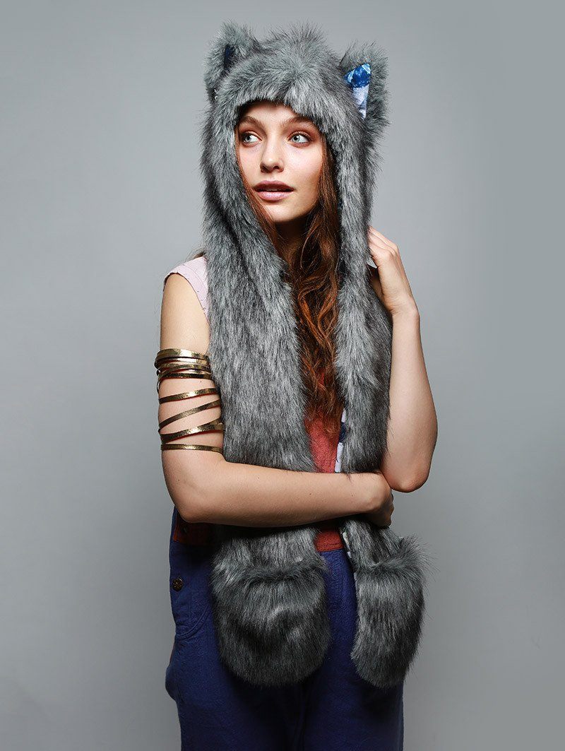 Frosted Wolf Collector Faux Fur with Hood on Female